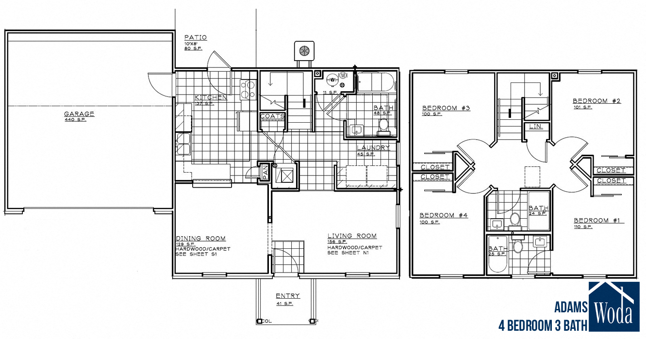 Floor plan for 4 beds, 3 baths, 1438 sqft